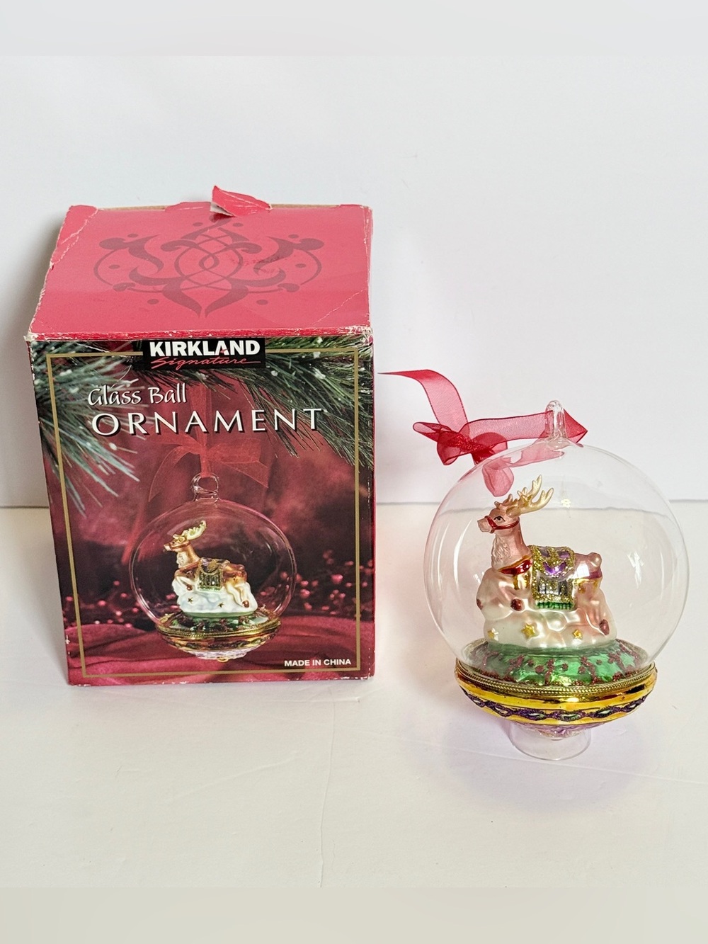 Vintage XL Kirkland Signature Reindeer Glass Dome Ornament – Costco – 5.5”